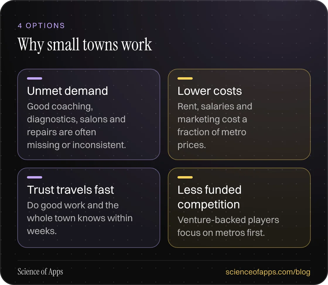Why small towns work: Unmet demand; Lower costs; Trust travels fast; Less funded competition.