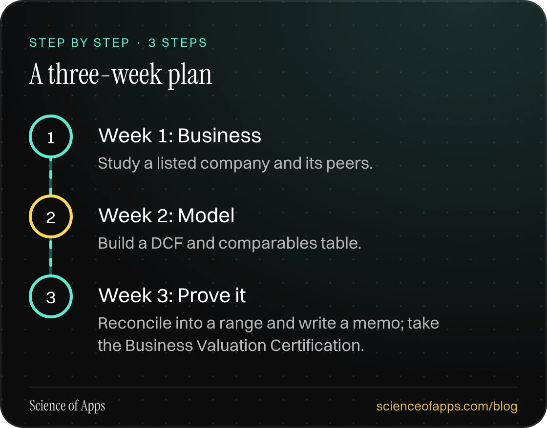 Diagram of 3 steps for a three-week plan: 1. Week 1: Business; 2. Week 2: Model; 3. Week 3: Prove it.