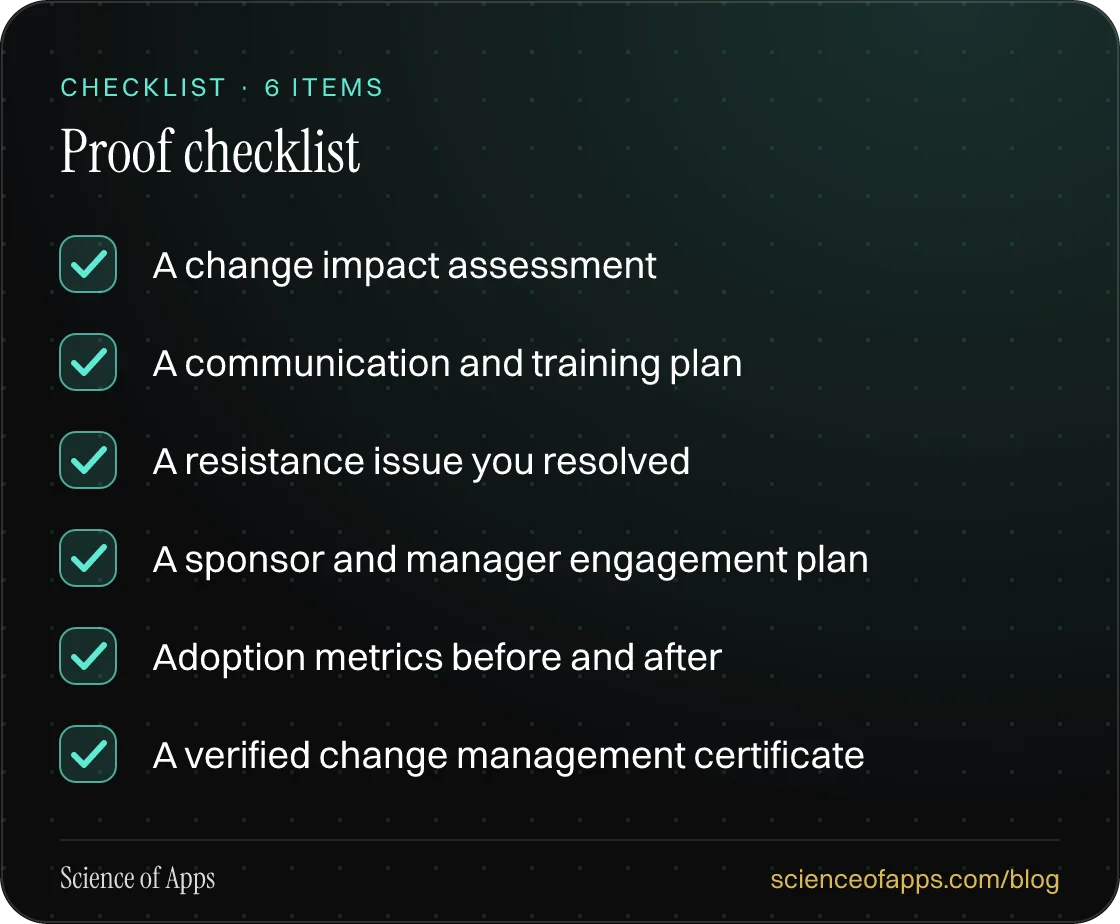 Checklist: Proof checklist — A change impact assessment; A communication and training plan; A resistance issue you resolved; A sponsor and manager engagement plan; Adoption metrics before and after; A verified change management certificate.