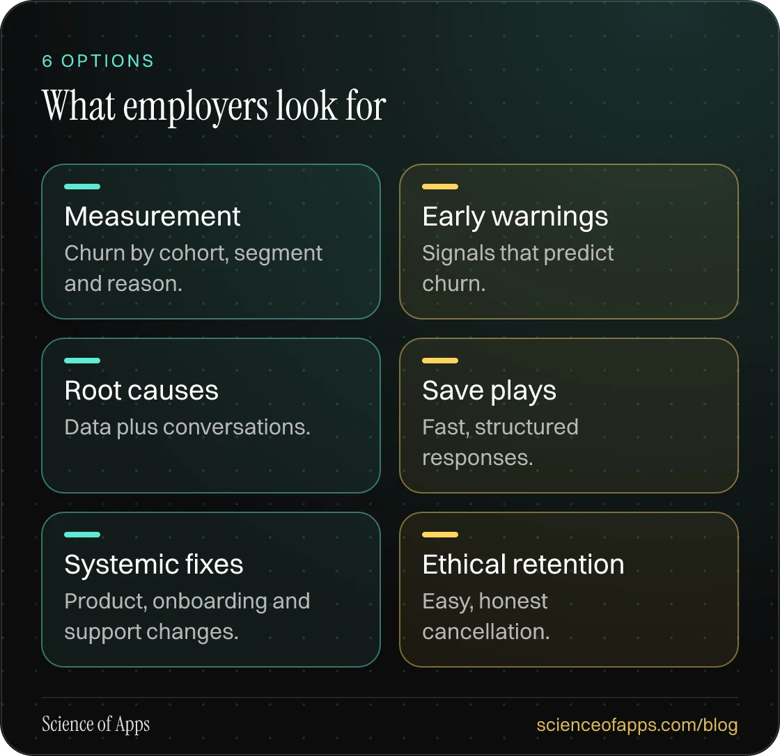 What employers look for: Measurement; Early warnings; Root causes; Save plays; Systemic fixes; Ethical retention.