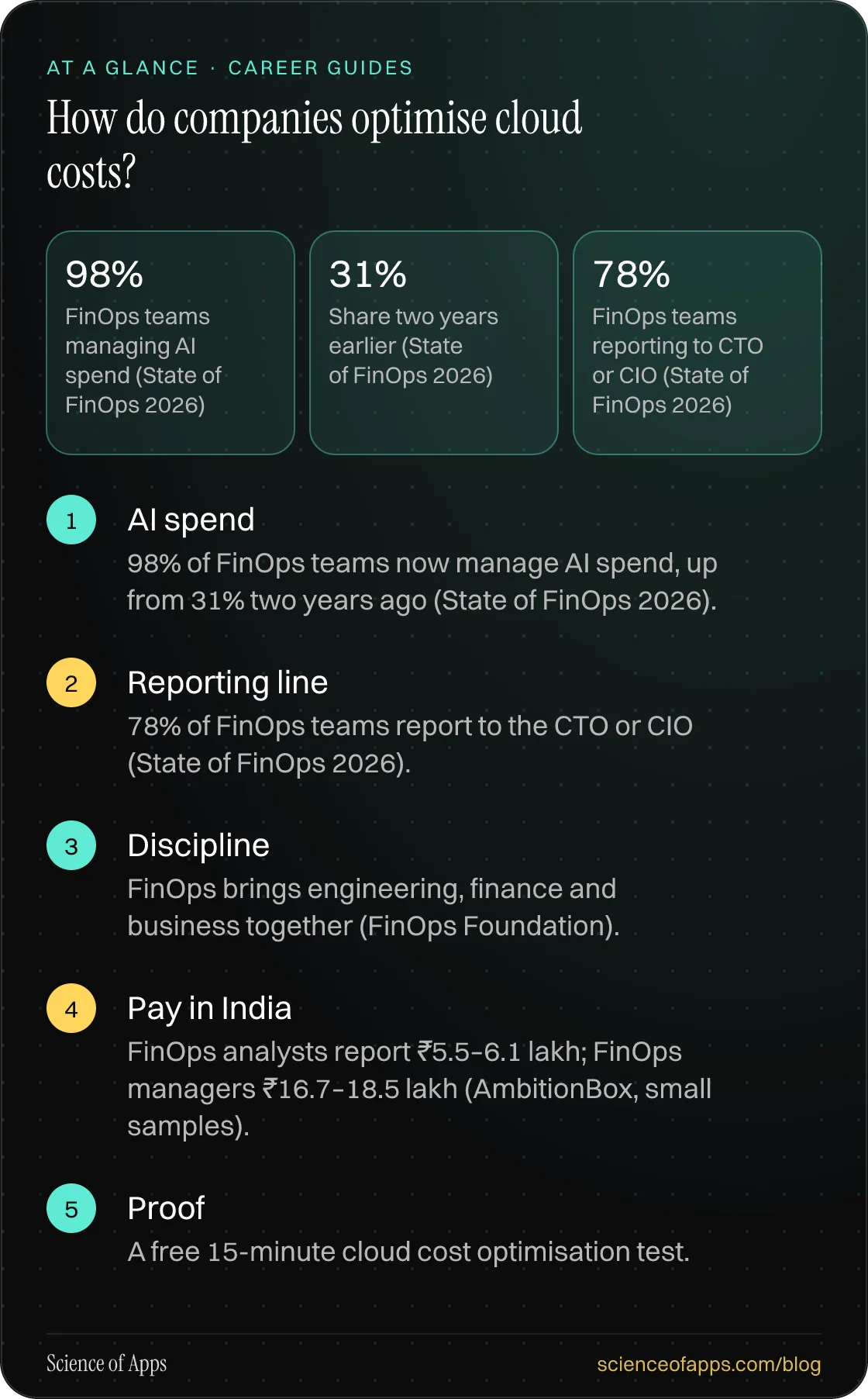 How do companies optimise cloud costs? At a glance: AI spend; Reporting line; Discipline; Pay in India; Proof.