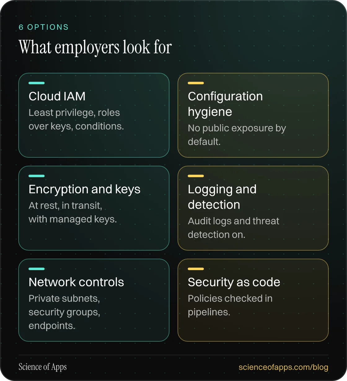 What employers look for: Cloud IAM; Configuration hygiene; Encryption and keys; Logging and detection; Network controls; Security as code.