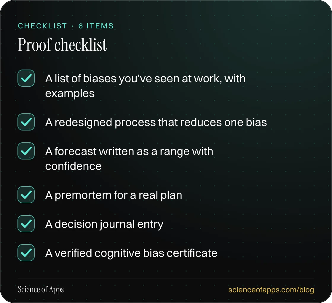 Checklist: Proof checklist — A list of biases you've seen at work, with examples; A redesigned process that reduces one bias; A forecast written as a range with confidence; A premortem for a real plan; A decision journal entry; A verified cognitive bias certificate.