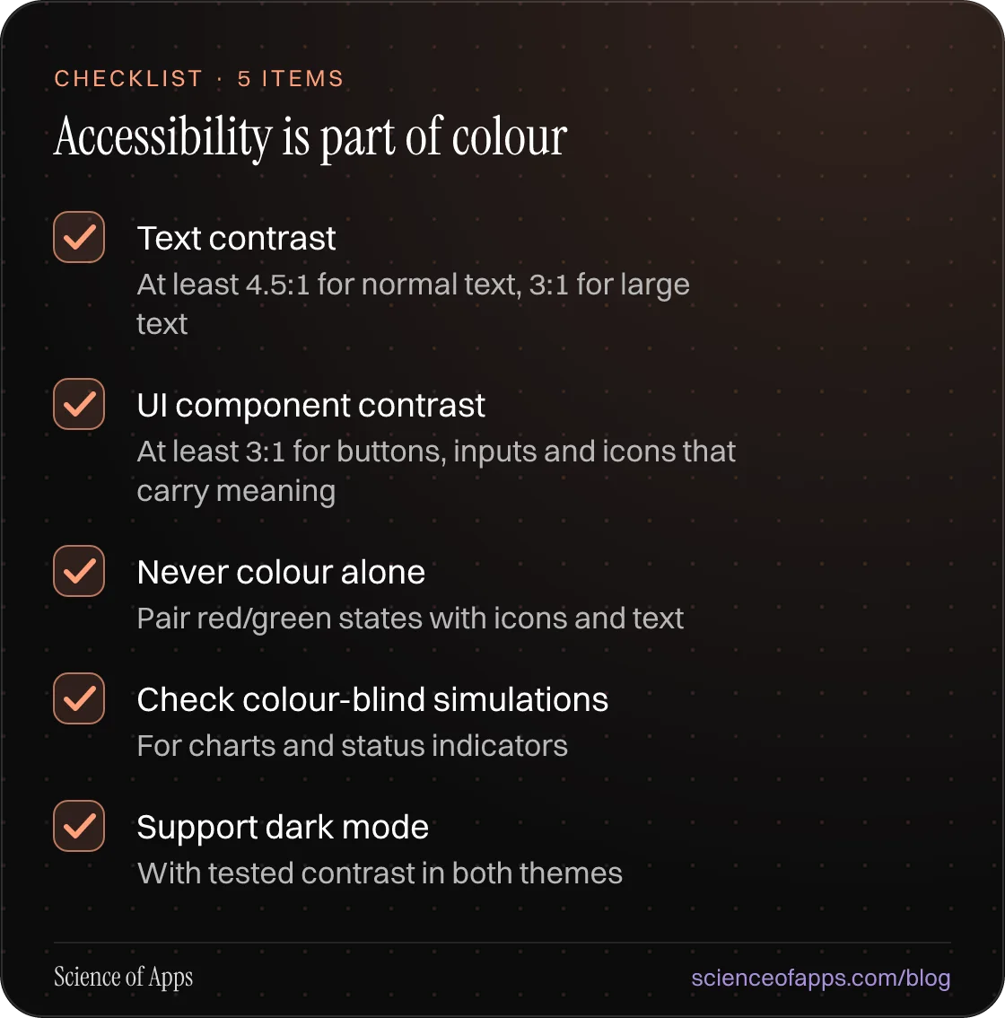 Checklist: Accessibility is part of colour — Text contrast; UI component contrast; Never colour alone; Check colour-blind simulations; Support dark mode.