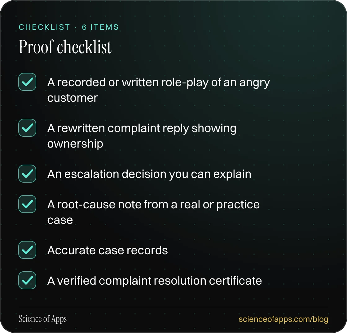 Checklist: Proof checklist — A recorded or written role-play of an angry customer; A rewritten complaint reply showing ownership; An escalation decision you can explain; A root-cause note from a real or practice case; Accurate case records; A verified complaint resolution certificate.