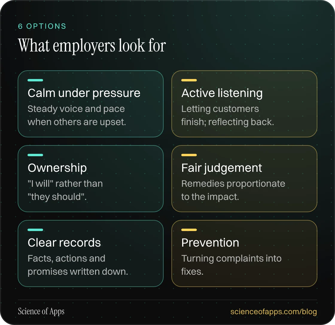 What employers look for: Calm under pressure; Active listening; Ownership; Fair judgement; Clear records; Prevention.