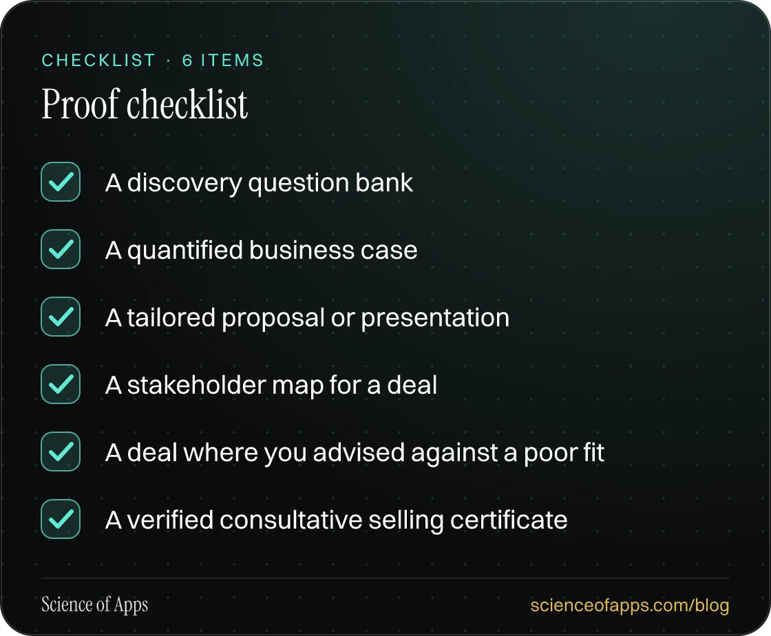 Checklist: Proof checklist — A discovery question bank; A quantified business case; A tailored proposal or presentation; A stakeholder map for a deal; A deal where you advised against a poor fit; A verified consultative selling certificate.