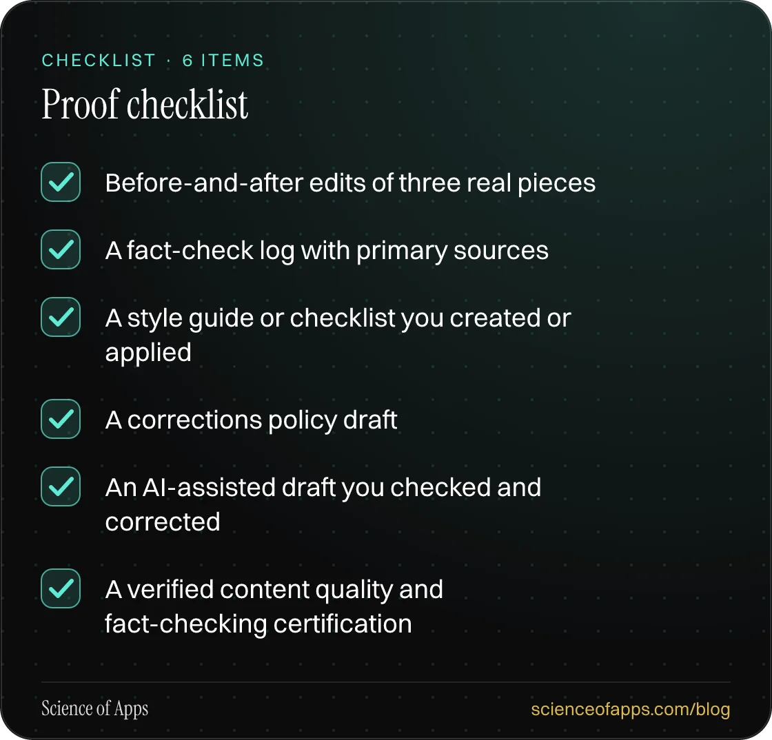 Checklist: Proof checklist — Before-and-after edits of three real pieces; A fact-check log with primary sources; A style guide or checklist you created or applied; A corrections policy draft; An AI-assisted draft you checked and corrected; A verified content quality and fact-checking certification.
