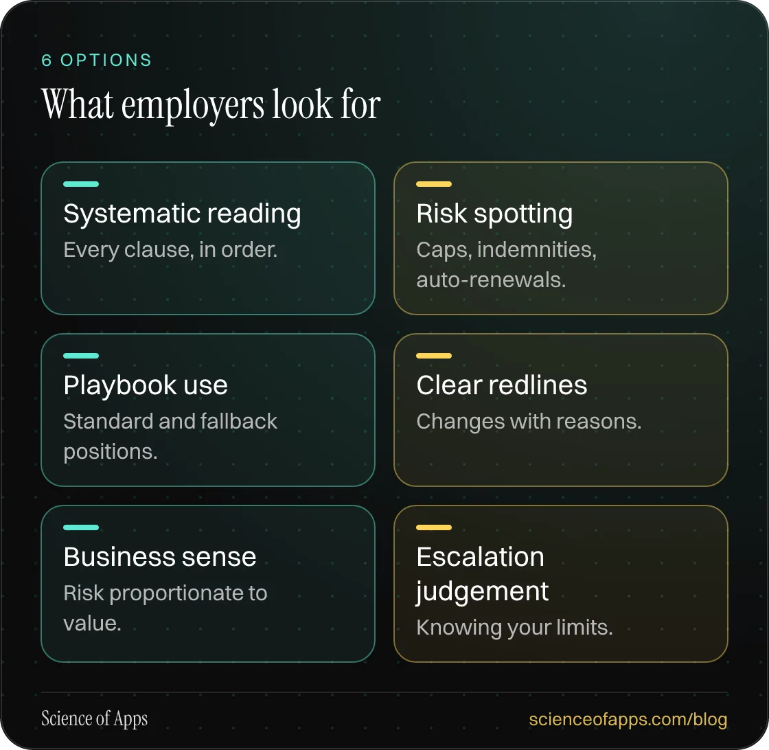 What employers look for: Systematic reading; Risk spotting; Playbook use; Clear redlines; Business sense; Escalation judgement.