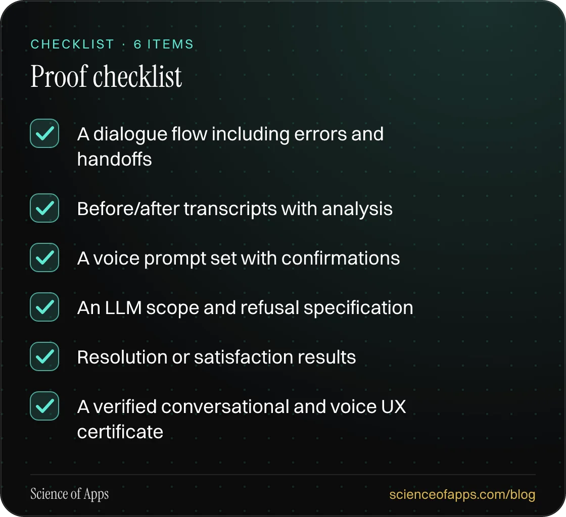 Checklist: Proof checklist — A dialogue flow including errors and handoffs; Before/after transcripts with analysis; A voice prompt set with confirmations; An LLM scope and refusal specification; Resolution or satisfaction results; A verified conversational and voice UX certificate.