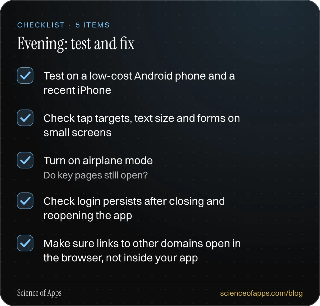 Checklist: Evening: test and fix — Test on a low-cost Android phone and a recent iPhone; Check tap targets, text size and forms on small screens; Turn on airplane mode; Check login persists after closing and reopening the app; Make sure links to other domains open in the browser, not inside your app