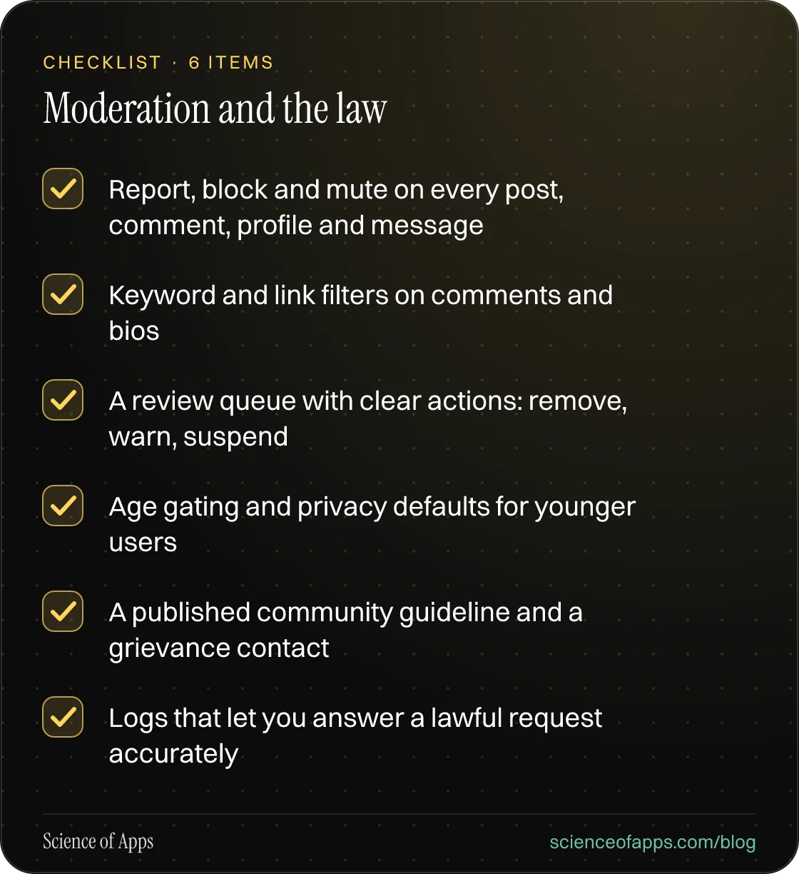 Checklist: Moderation and the law — Report, block and mute on every post, comment, profile and message; Keyword and link filters on comments and bios; A review queue with clear actions: remove, warn, suspend; Age gating and privacy defaults for younger users; A published community guideline and a gr