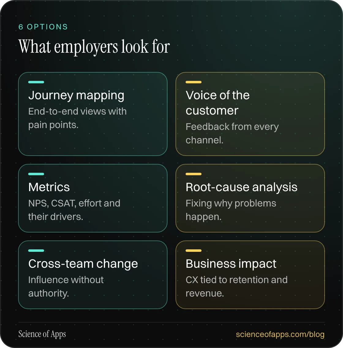 What employers look for: Journey mapping; Voice of the customer; Metrics; Root-cause analysis; Cross-team change; Business impact.