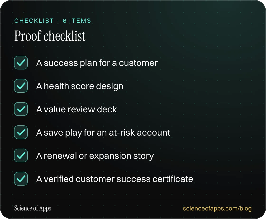 Checklist: Proof checklist — A success plan for a customer; A health score design; A value review deck; A save play for an at-risk account; A renewal or expansion story; A verified customer success certificate.