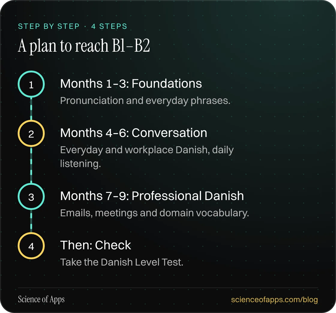 Diagram of 4 steps for a plan to reach b1–b2: 1. Months 1–3: Foundations; 2. Months 4–6: Conversation; 3. Months 7–9: Professional Danish; 4. Then: Check.