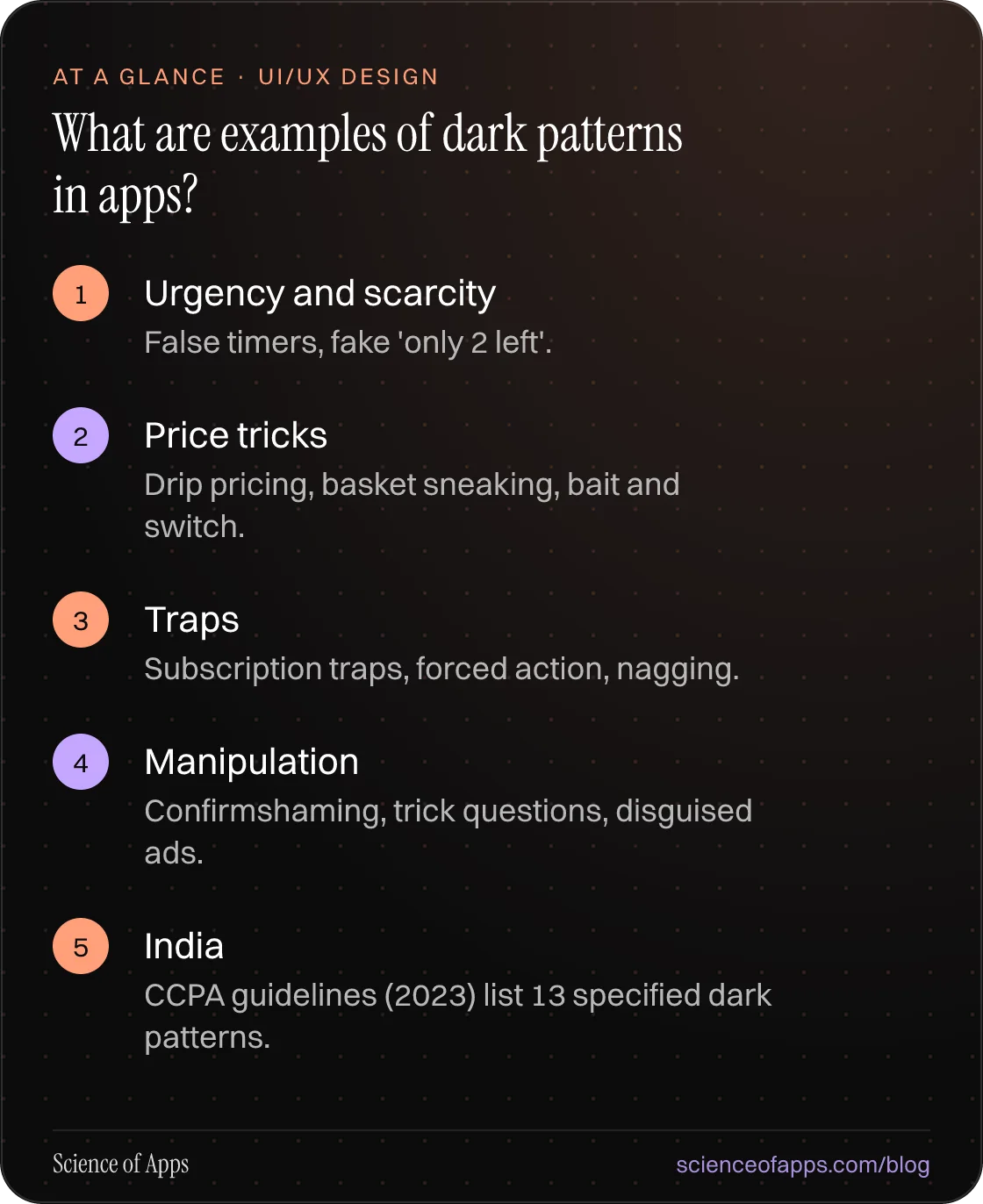 What are examples of dark patterns in apps? At a glance: Urgency and scarcity; Price tricks; Traps; Manipulation; India.