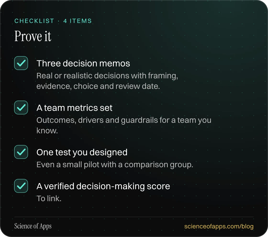 Checklist: Prove it — Three decision memos; A team metrics set; One test you designed; A verified decision-making score.