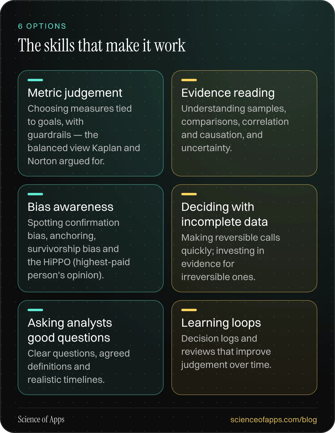 The skills that make it work: Metric judgement; Evidence reading; Bias awareness; Deciding with incomplete data; Asking analysts good questions; Learning loops.