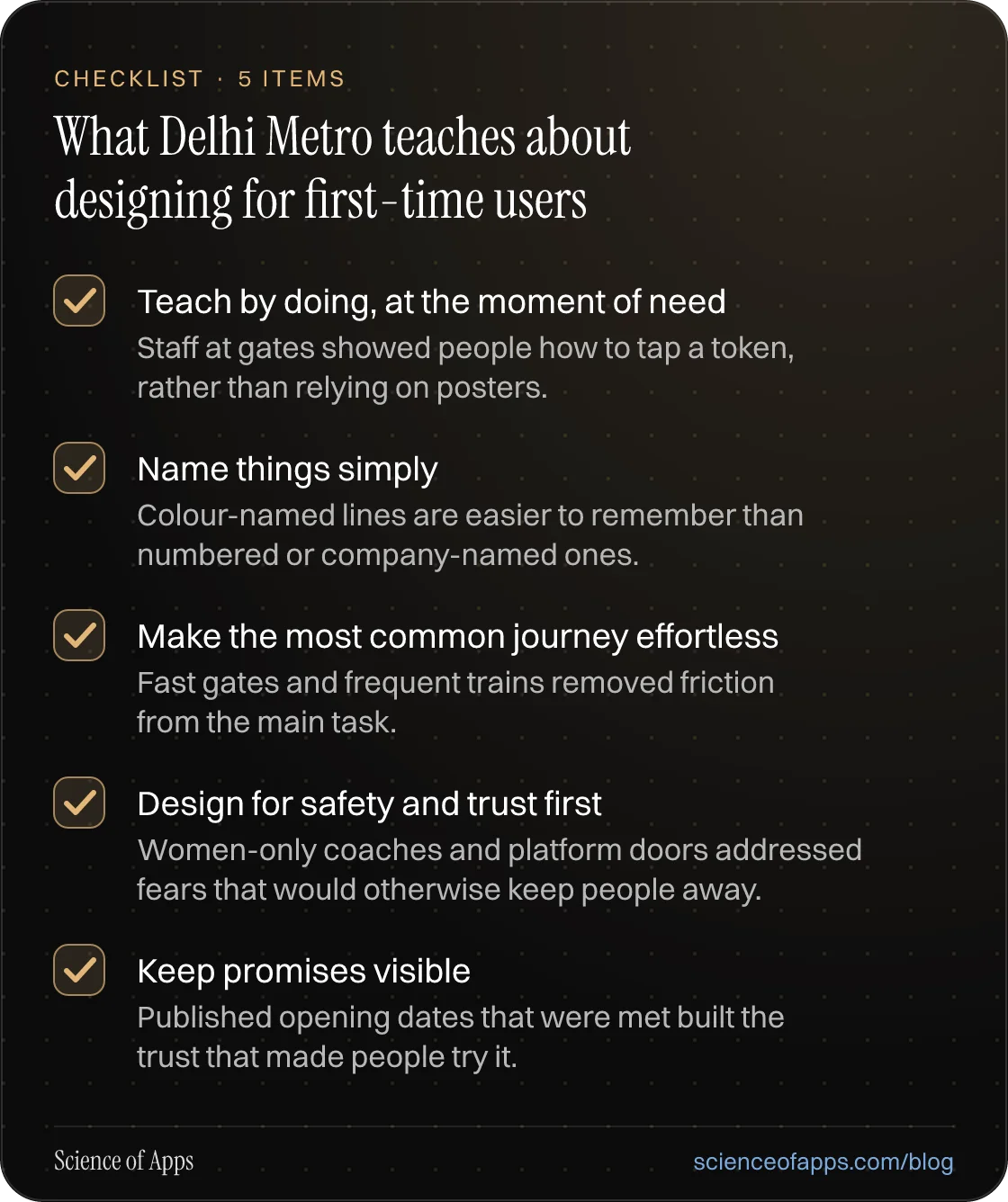 Checklist: What Delhi Metro teaches about designing for first-time users — Teach by doing, at the moment of need; Name things simply; Make the most common journey effortless; Design for safety and trust first; Keep promises visible.