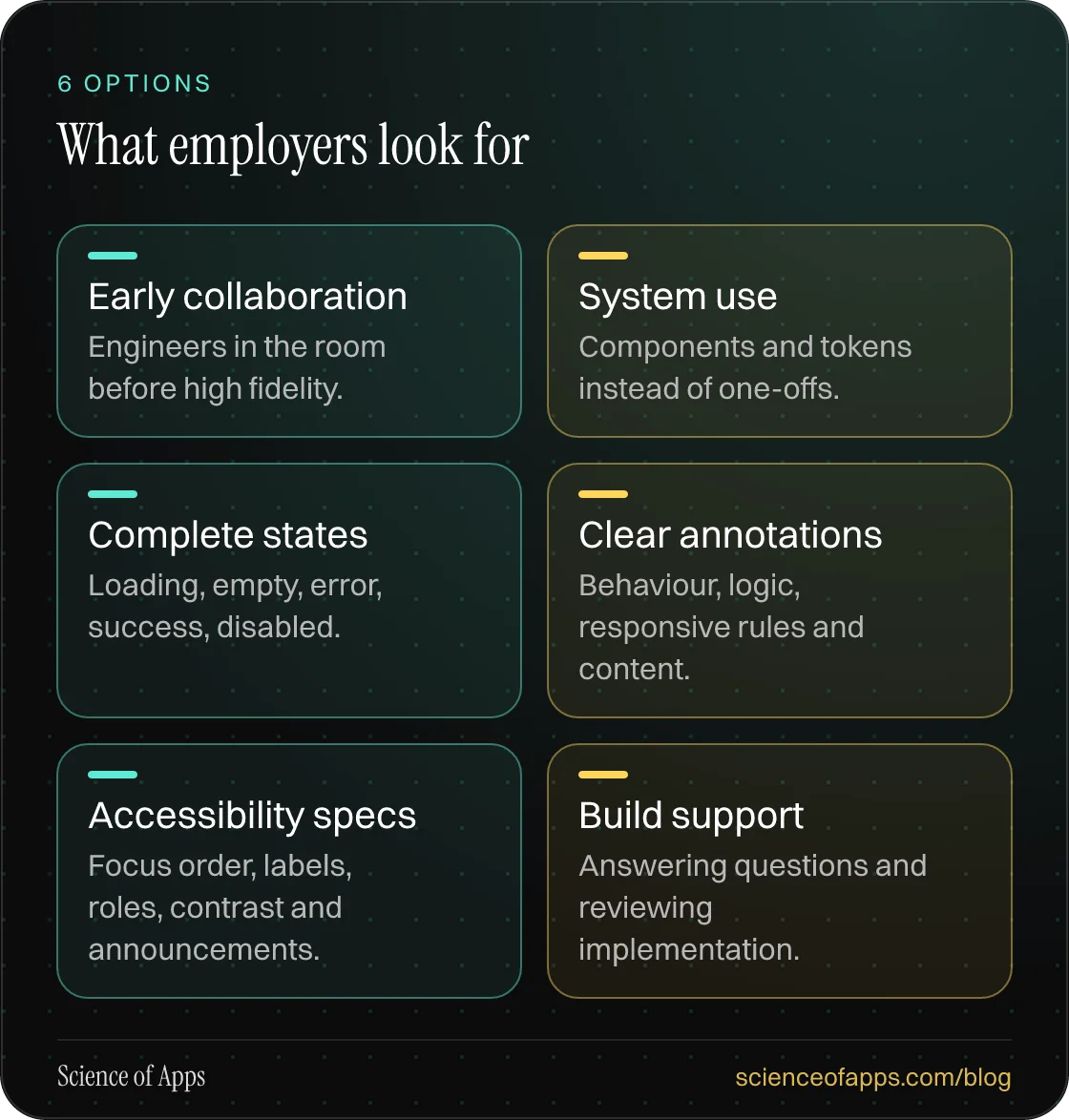 What employers look for: Early collaboration; System use; Complete states; Clear annotations; Accessibility specs; Build support.