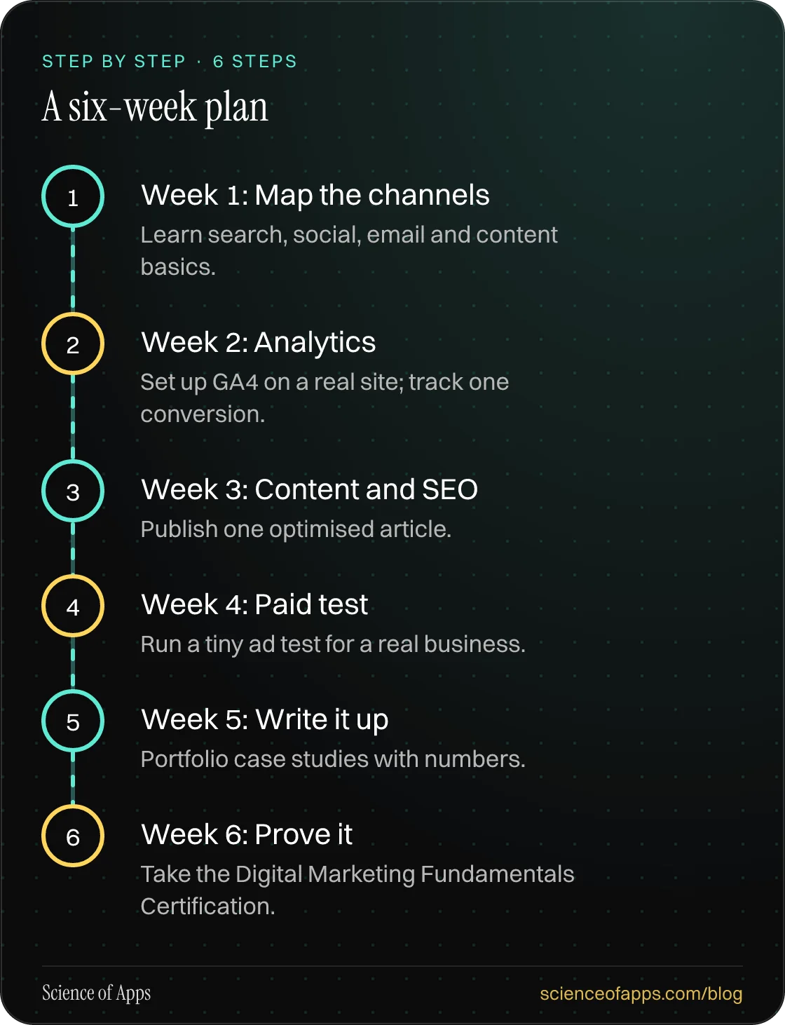 Diagram of 6 steps for a six-week plan: 1. Week 1: Map the channels; 2. Week 2: Analytics; 3. Week 3: Content and SEO; 4. Week 4: Paid test; 5. Week 5: Write it up; 6. Week 6: Prove it.