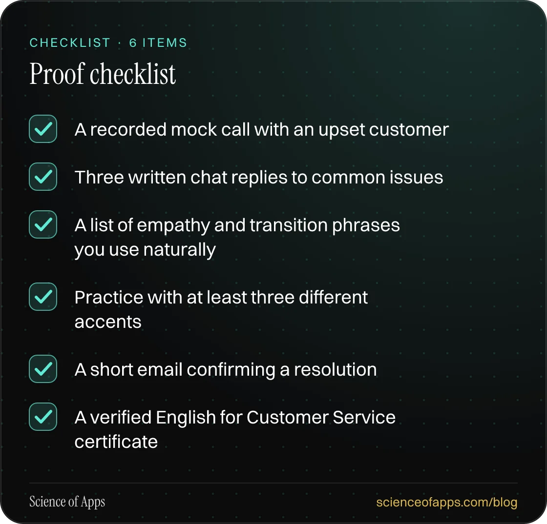 Checklist: Proof checklist — A recorded mock call with an upset customer; Three written chat replies to common issues; A list of empathy and transition phrases you use naturally; Practice with at least three different accents; A short email confirming a resolution; A verified English for Customer Se