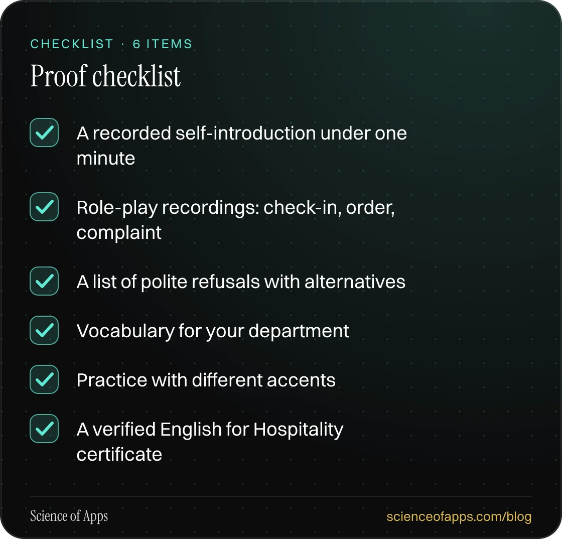 Checklist: Proof checklist — A recorded self-introduction under one minute; Role-play recordings: check-in, order, complaint; A list of polite refusals with alternatives; Vocabulary for your department; Practice with different accents; A verified English for Hospitality certificate.