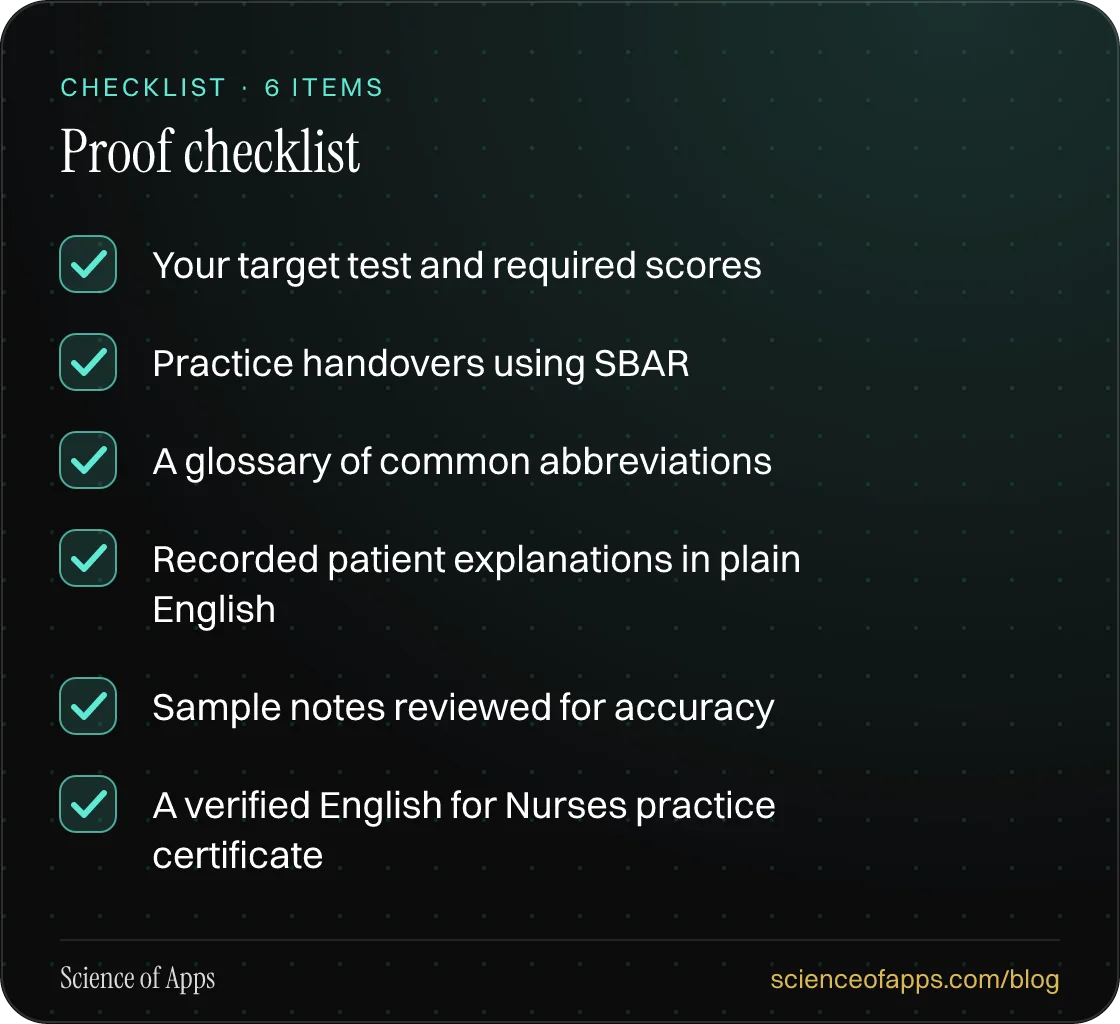 Checklist: Proof checklist — Your target test and required scores; Practice handovers using SBAR; A glossary of common abbreviations; Recorded patient explanations in plain English; Sample notes reviewed for accuracy; A verified English for Nurses practice certificate.