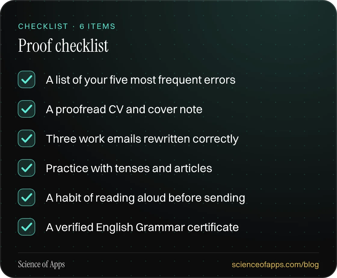 Checklist: Proof checklist — A list of your five most frequent errors; A proofread CV and cover note; Three work emails rewritten correctly; Practice with tenses and articles; A habit of reading aloud before sending; A verified English Grammar certificate.