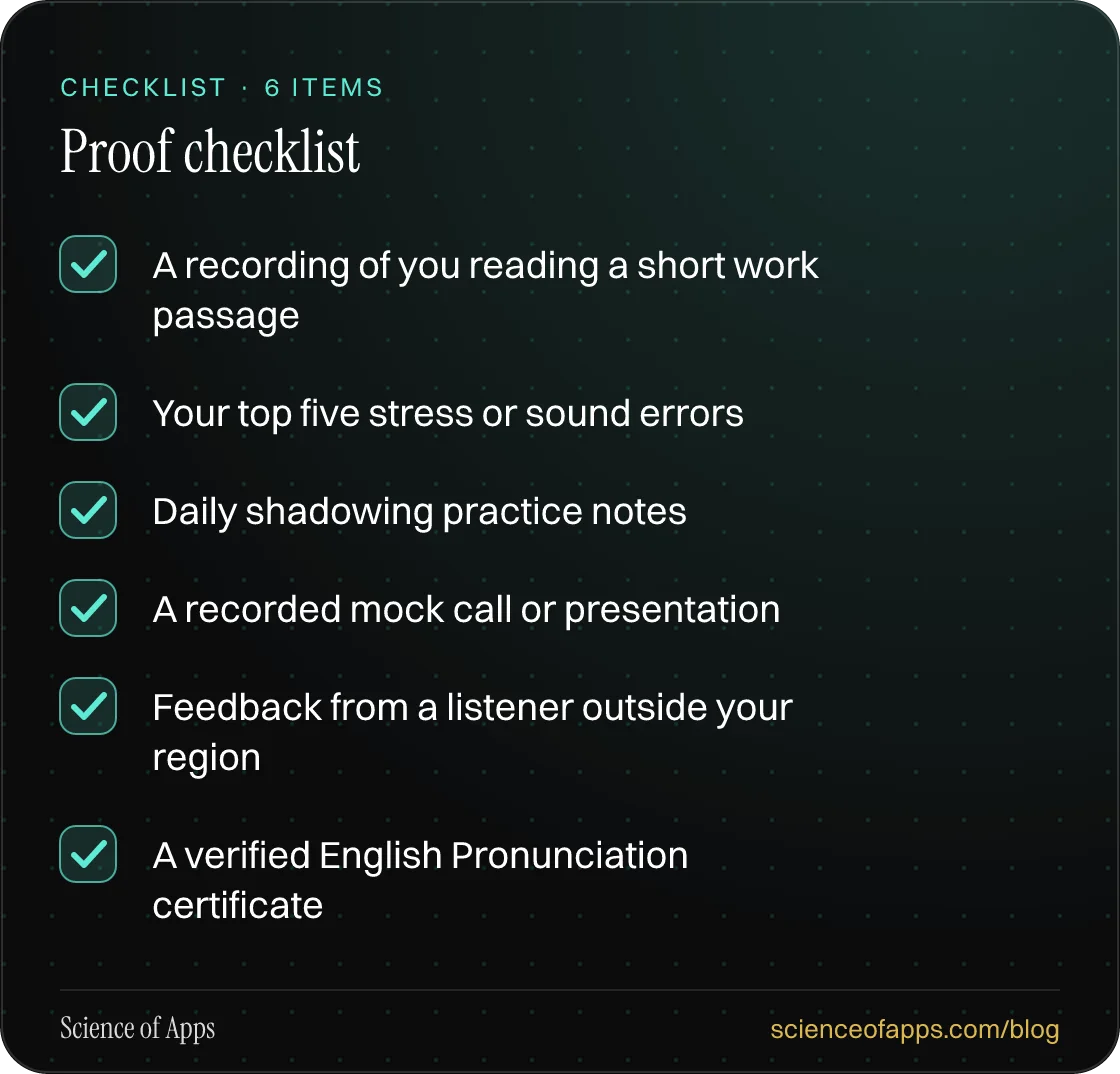 Checklist: Proof checklist — A recording of you reading a short work passage; Your top five stress or sound errors; Daily shadowing practice notes; A recorded mock call or presentation; Feedback from a listener outside your region; A verified English Pronunciation certificate.