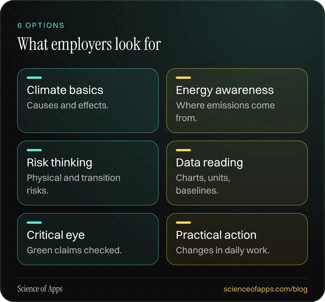 What employers look for: Climate basics; Energy awareness; Risk thinking; Data reading; Critical eye; Practical action.