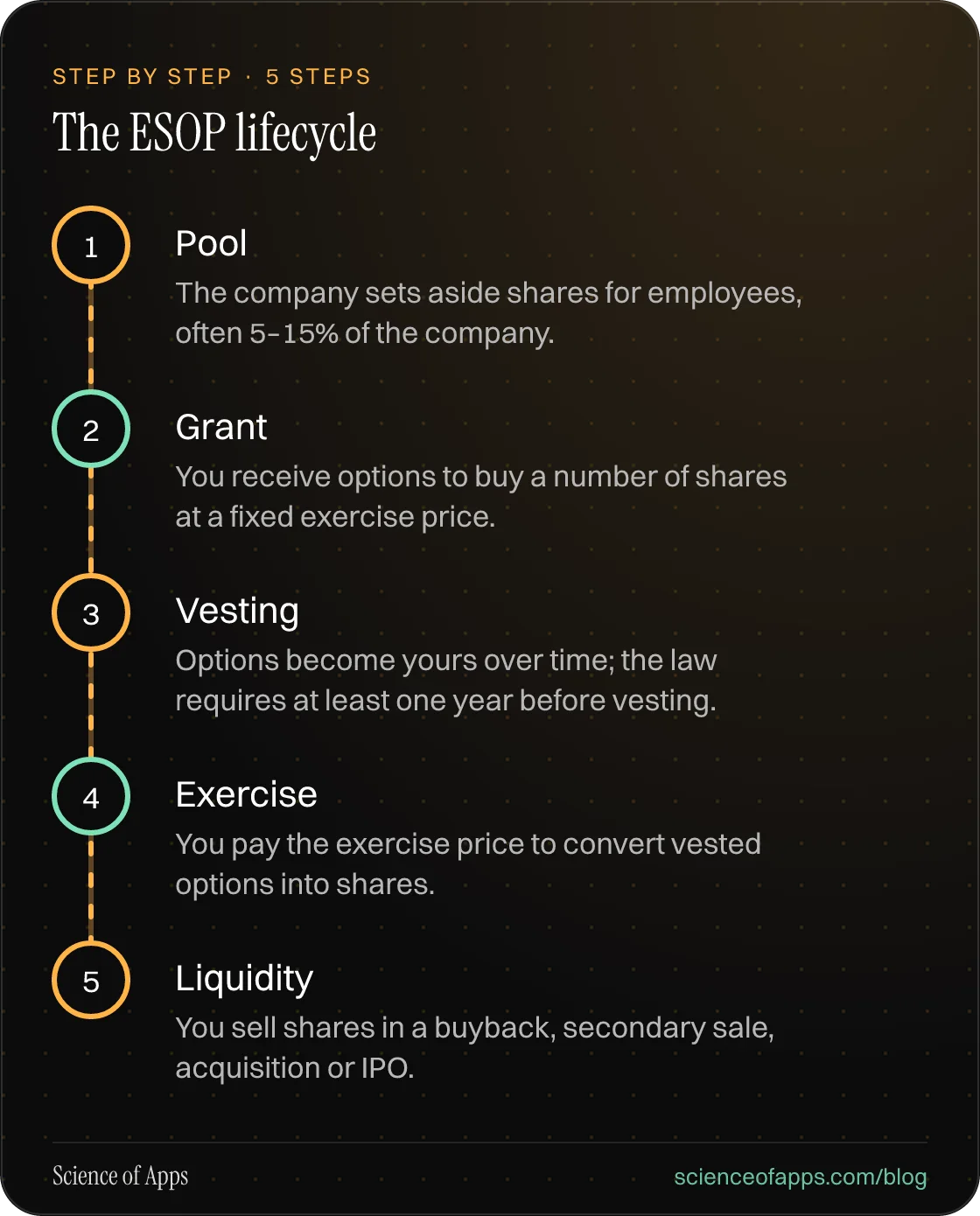 Diagram of 5 steps for the esop lifecycle: 1. Pool; 2. Grant; 3. Vesting; 4. Exercise; 5. Liquidity.