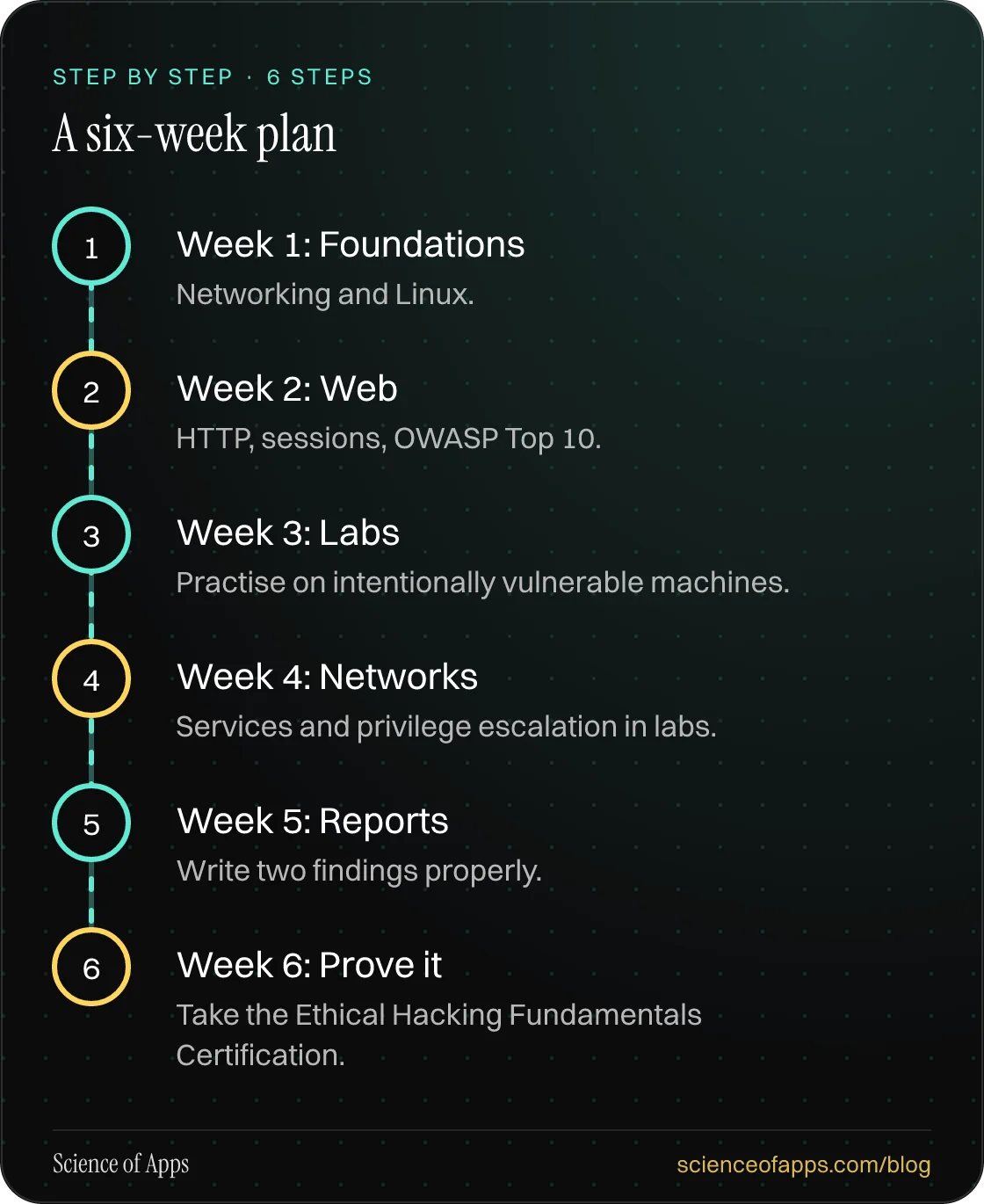 Diagram of 6 steps for a six-week plan: 1. Week 1: Foundations; 2. Week 2: Web; 3. Week 3: Labs; 4. Week 4: Networks; 5. Week 5: Reports; 6. Week 6: Prove it.