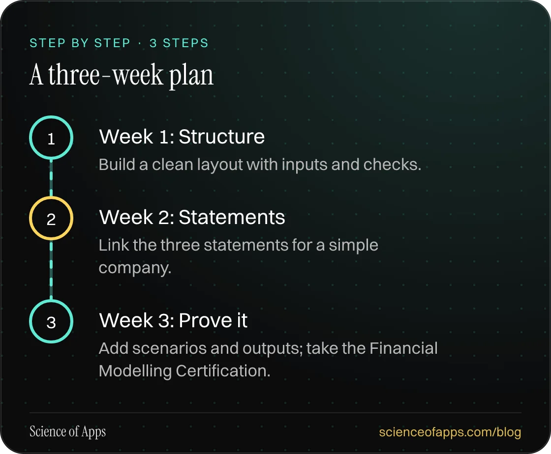 Diagram of 3 steps for a three-week plan: 1. Week 1: Structure; 2. Week 2: Statements; 3. Week 3: Prove it.