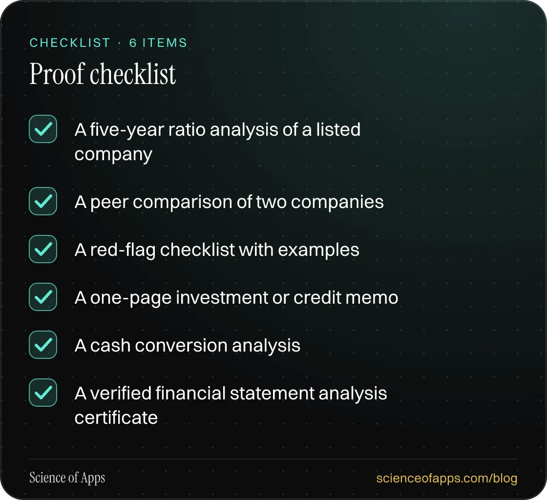 Checklist: Proof checklist — A five-year ratio analysis of a listed company; A peer comparison of two companies; A red-flag checklist with examples; A one-page investment or credit memo; A cash conversion analysis; A verified financial statement analysis certificate.