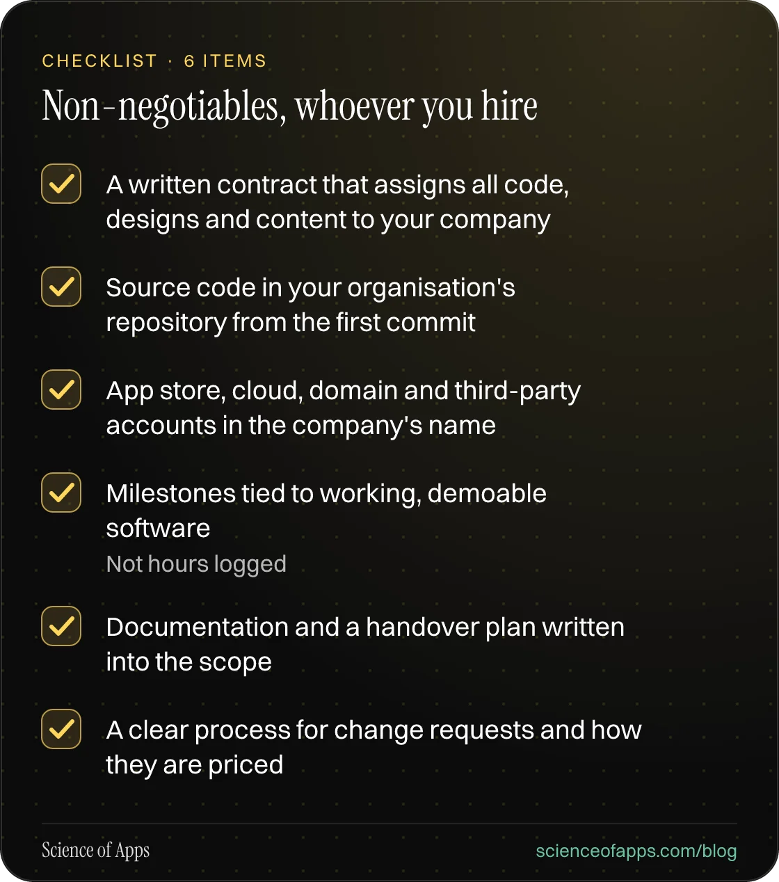 Checklist: Non-negotiables, whoever you hire — A written contract that assigns all code, designs and content to your company; Source code in your organisation's repository from the first commit; App store, cloud, domain and third-party accounts in the company's name; Milestones tied to working, demo
