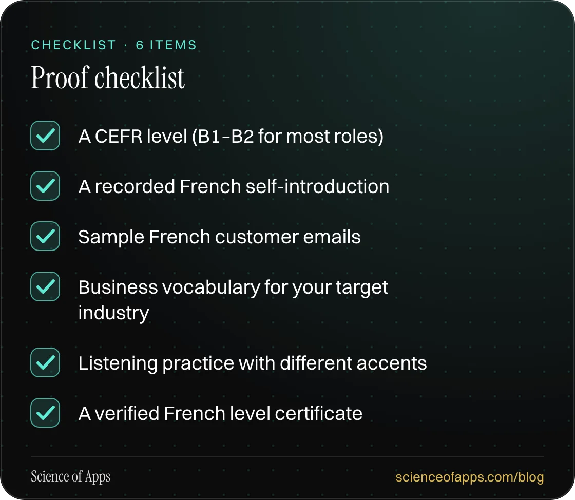 Checklist: Proof checklist — A CEFR level (B1–B2 for most roles); A recorded French self-introduction; Sample French customer emails; Business vocabulary for your target industry; Listening practice with different accents; A verified French level certificate.