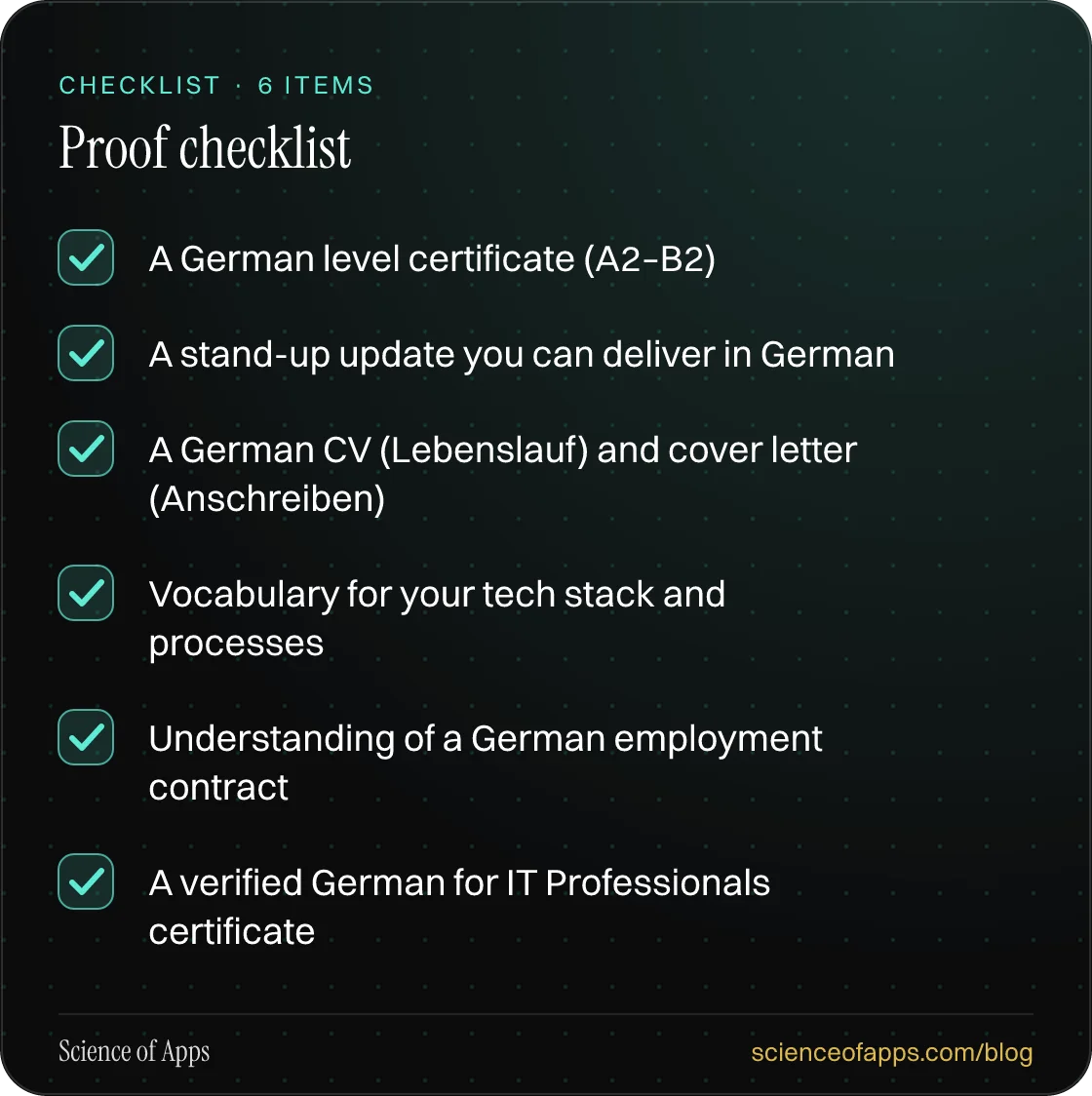 Checklist: Proof checklist — A German level certificate (A2–B2); A stand-up update you can deliver in German; A German CV (Lebenslauf) and cover letter (Anschreiben); Vocabulary for your tech stack and processes; Understanding of a German employment contract; A verified German for IT Professionals c