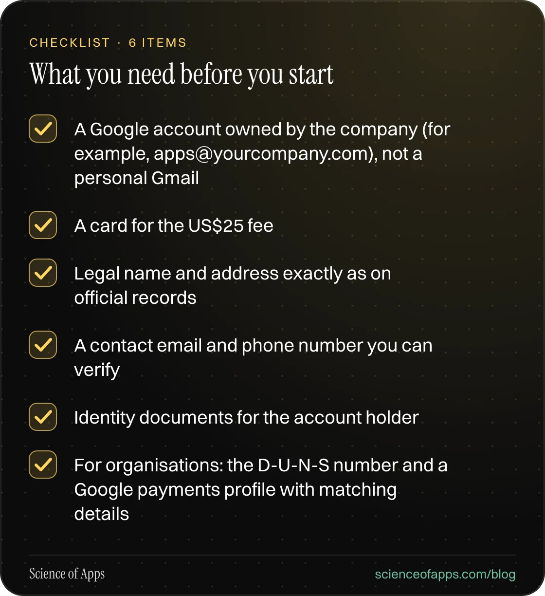 Checklist: What you need before you start — A Google account owned by the company (for example, apps@yourcompany.com), not a personal Gmail; A card for the US$25 fee; Legal name and address exactly as on official records; A contact email and phone number you can verify; Identity documents for the ac