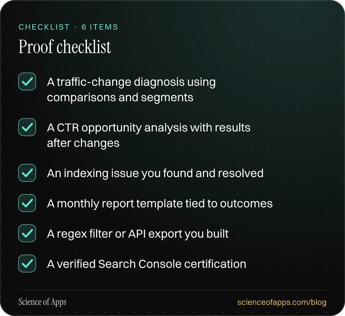 Checklist: Proof checklist — A traffic-change diagnosis using comparisons and segments; A CTR opportunity analysis with results after changes; An indexing issue you found and resolved; A monthly report template tied to outcomes; A regex filter or API export you built; A verified Search Console certi