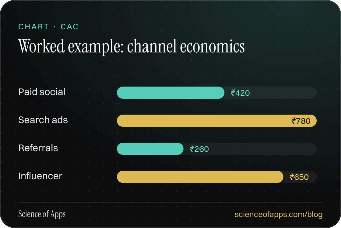 Bar chart: Worked example: channel economics — Paid social: ₹420; Search ads: ₹780; Referrals: ₹260; Influencer: ₹650.