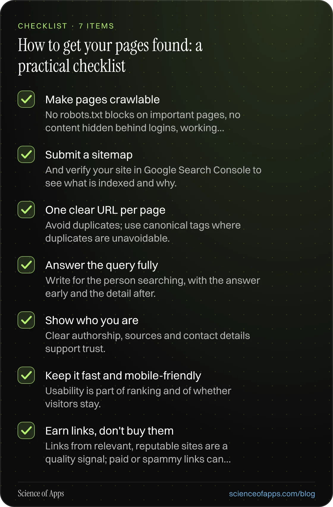 Checklist: How to get your pages found: a practical checklist — Make pages crawlable; Submit a sitemap; One clear URL per page; Answer the query fully; Show who you are; Keep it fast and mobile-friendly; Earn links, don't buy them.