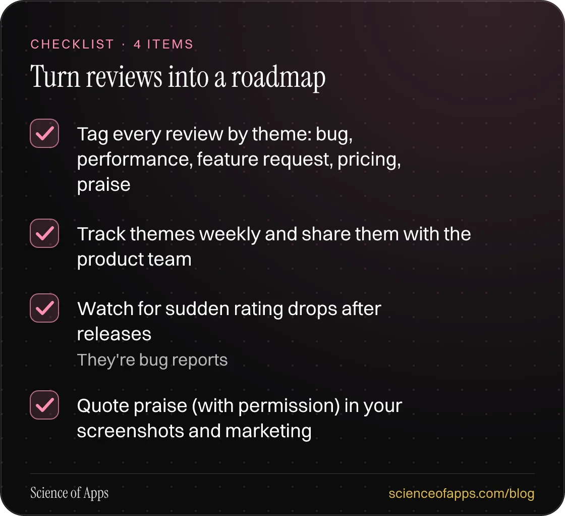 Checklist: Turn reviews into a roadmap — Tag every review by theme: bug, performance, feature request, pricing, praise; Track themes weekly and share them with the product team; Watch for sudden rating drops after releases; Quote praise (with permission) in your screenshots and marketing.