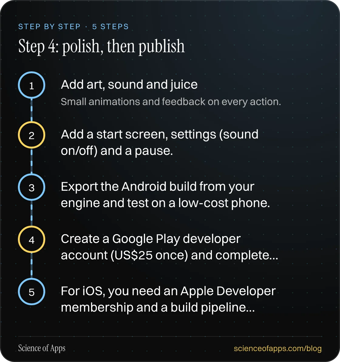 Diagram of 5 steps for step 4: polish, then publish: 1. Add art, sound and juice; 2. Add a start screen, settings (sound on/off) and a pause.; 3. Export the Android build from your engine and test on a low-cost phone.; 4. Create a Google Play developer account (US$25 once) and complete…; 5. For iOS,