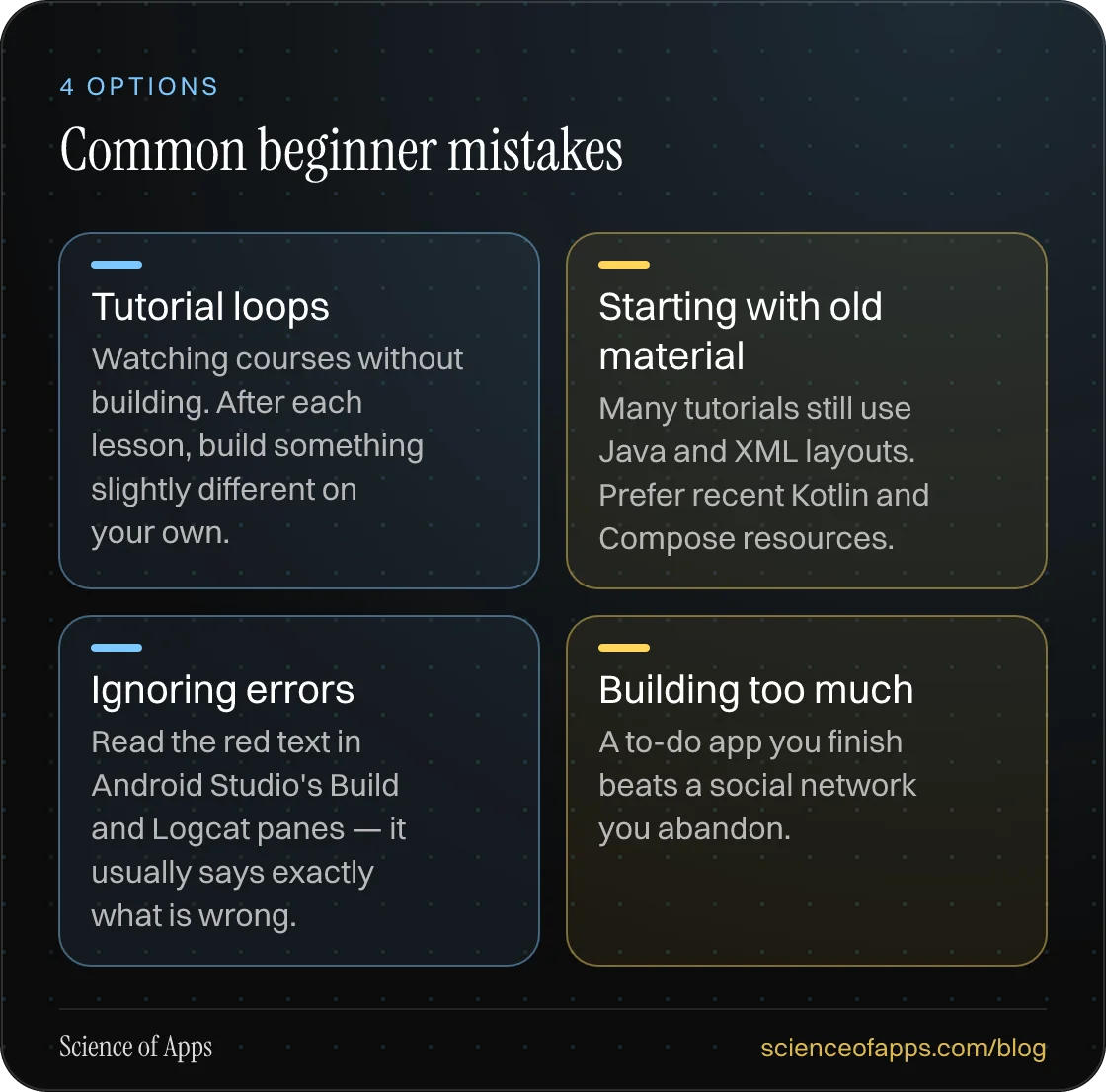 Common beginner mistakes: Tutorial loops; Starting with old material; Ignoring errors; Building too much.