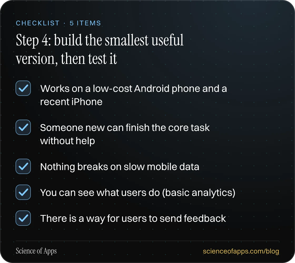 Checklist: Step 4: build the smallest useful version, then test it — Works on a low-cost Android phone and a recent iPhone; Someone new can finish the core task without help; Nothing breaks on slow mobile data; You can see what users do (basic analytics); There is a way for users to send feedback.