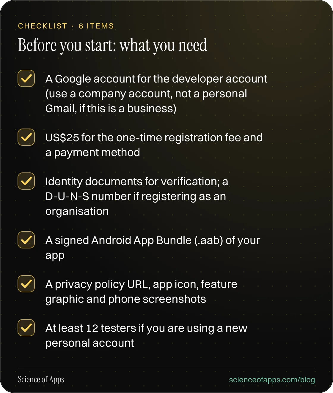 Checklist: Before you start: what you need — A Google account for the developer account (use a company account, not a personal Gmail, if this is a business); US$25 for the one-time registration fee and a payment method; Identity documents for verification; a D-U-N-S number if registering as an organ