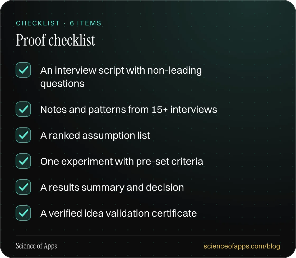 Checklist: Proof checklist — An interview script with non-leading questions; Notes and patterns from 15+ interviews; A ranked assumption list; One experiment with pre-set criteria; A results summary and decision; A verified idea validation certificate.
