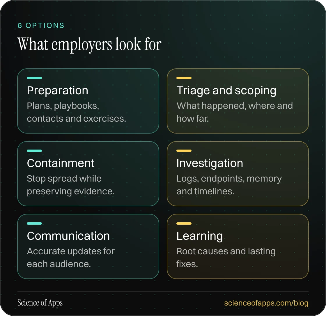 What employers look for: Preparation; Triage and scoping; Containment; Investigation; Communication; Learning.