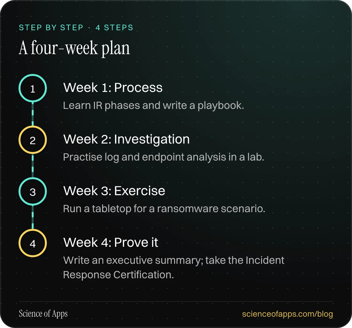 Diagram of 4 steps for a four-week plan: 1. Week 1: Process; 2. Week 2: Investigation; 3. Week 3: Exercise; 4. Week 4: Prove it.